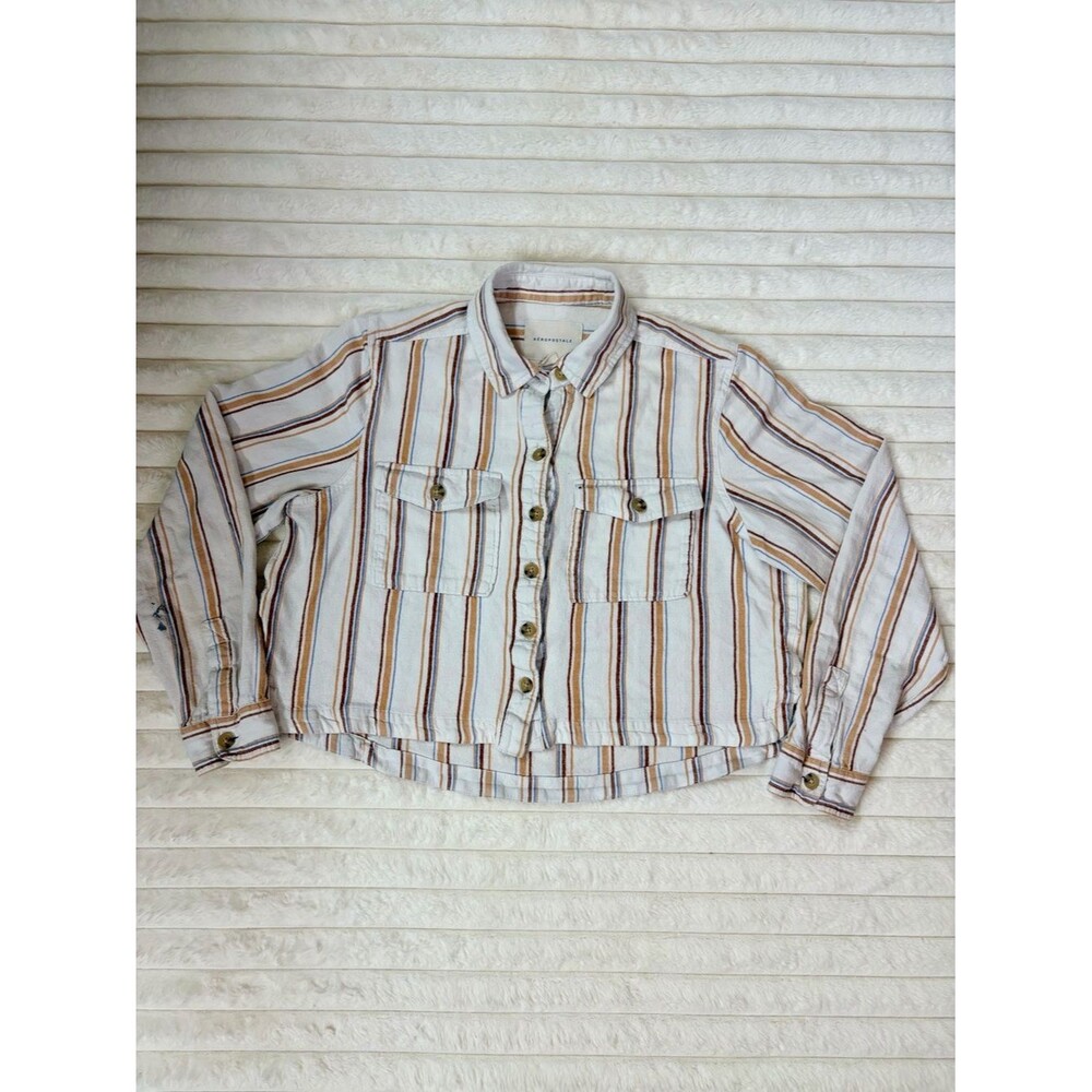 Aeropostale Cropped Flannel Orange and Cream Striped Size M